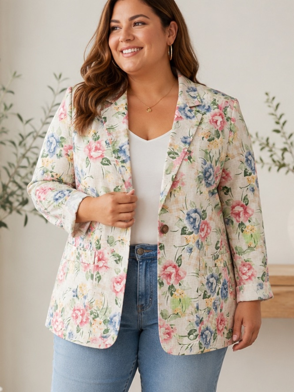 Vintage Plus-Size Floral Linen-Blend Blazer Jacket Cream Pink & Blue‎ Blooms XXL